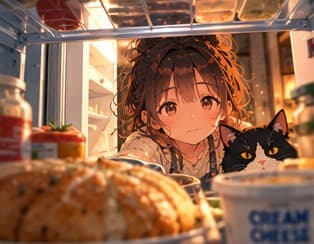 Anime girl and her tuxedo cat peeking into the fridge