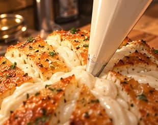Cream cheese piped into the cuts of a round loaf