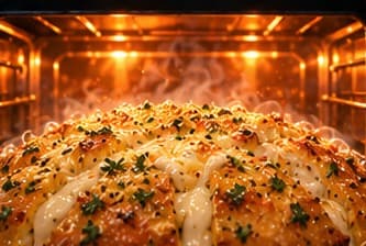 Garlic bread bubbling golden inside a glowing oven