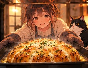 The girl lifts the golden bread out of the oven as the cat watches