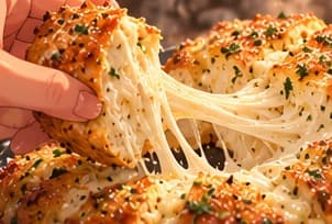 A long stretchy cream cheese pull from the garlic bread