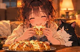 The girl takes a happy first bite next to her cat