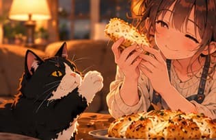 The tuxedo cat raises a paw asking for a bite