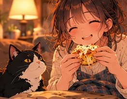 The girl smiles with the bread while the cat keeps staring